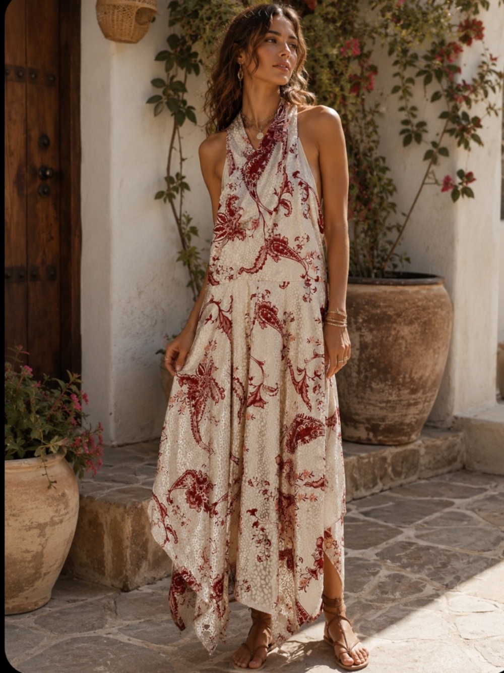NWT Rachel Roy Paisley Jacquard Satin Halter Midi Dress - Light Beige/Burgundy 8